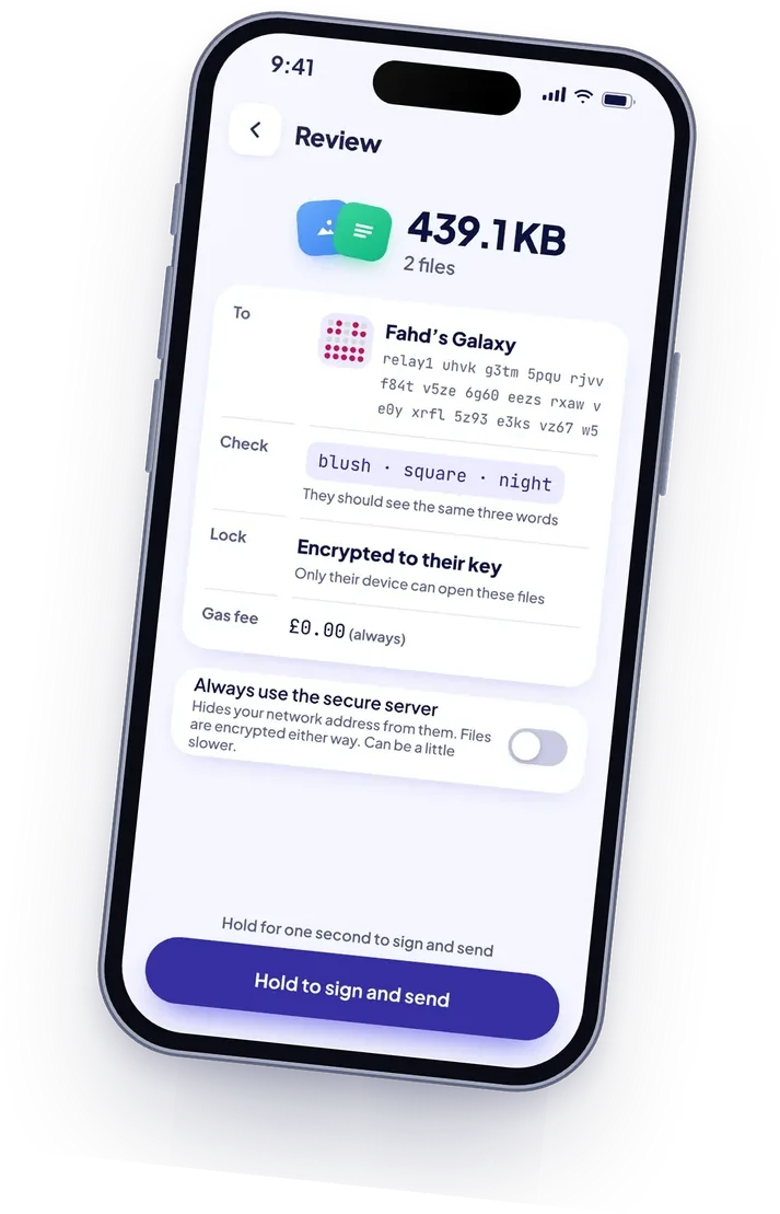 Relay on an iPhone, reviewing two files before sending them to Fahd’s Galaxy